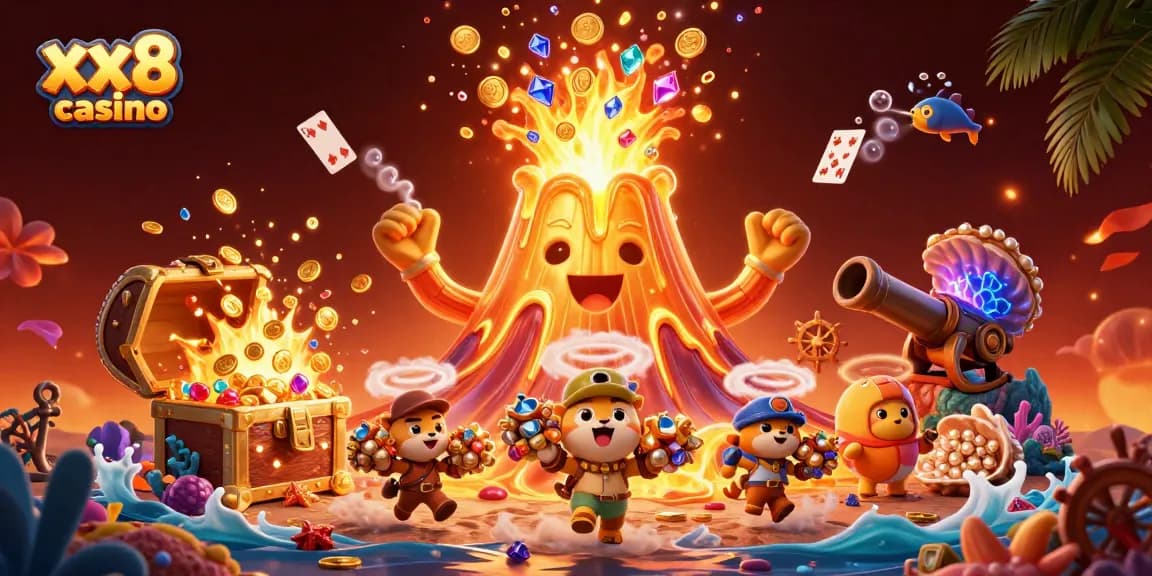 Experience the excitement of winning at the xx8 casino with golden treasures amid a vibrant 3D scene.