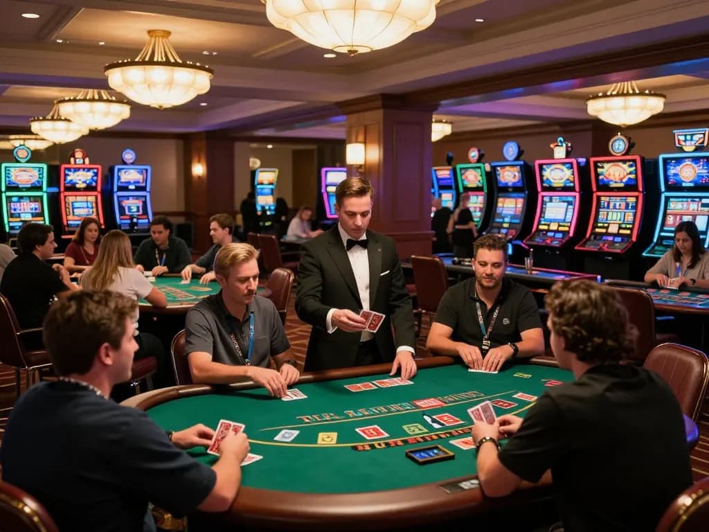 Players strategizing at blackjack tables in lively casino scene showcasing fun at tr88