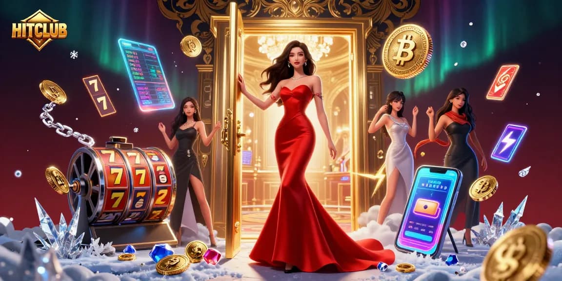 Engage with HITCLUB's vibrant slot games while exploring a luxury casino atmosphere.