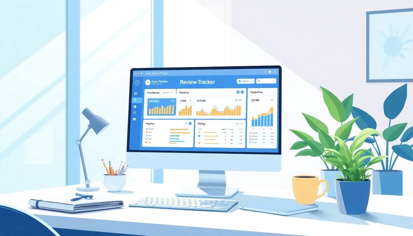Monitor customer feedback effectively with a detailed review tracker dashboard in a bright modern workspace.