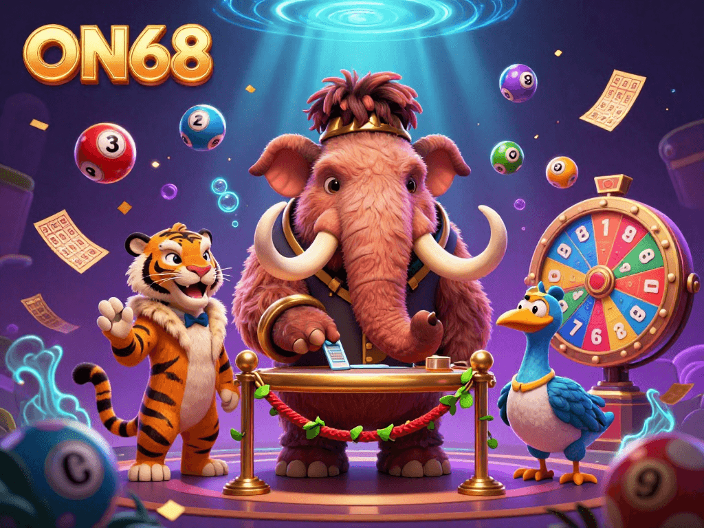 Experience the vibrant world of ON68 with a woolly mammoth bouncer and soaring lottery elements in a richly detailed digital casino scene.