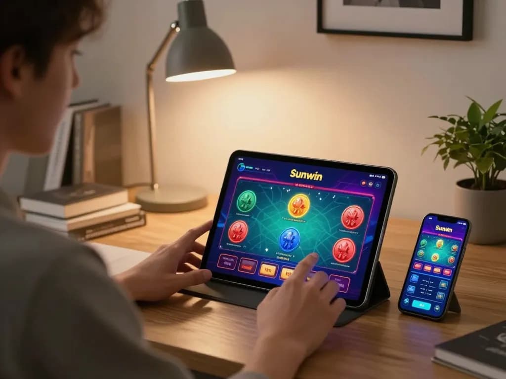 Player enjoying Sunwin online gaming experience on tablet in cozy home setting