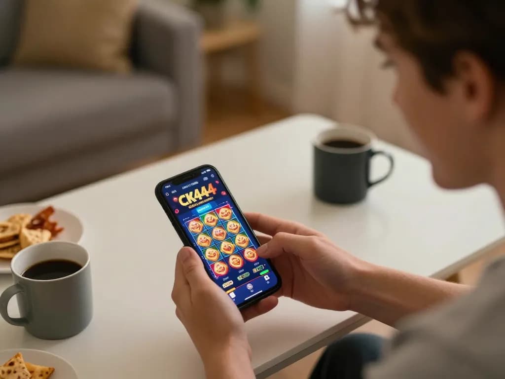 Player enjoying thrilling gameplay on CK444 mobile app during cozy home gaming session.