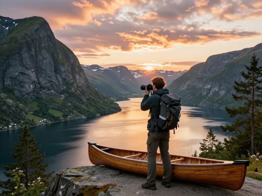 Skandinavien Reisetipps - Reisender, der atemberaubende Sonnenuntergangs-Fjordlandschaften in Norwegen einfängt.