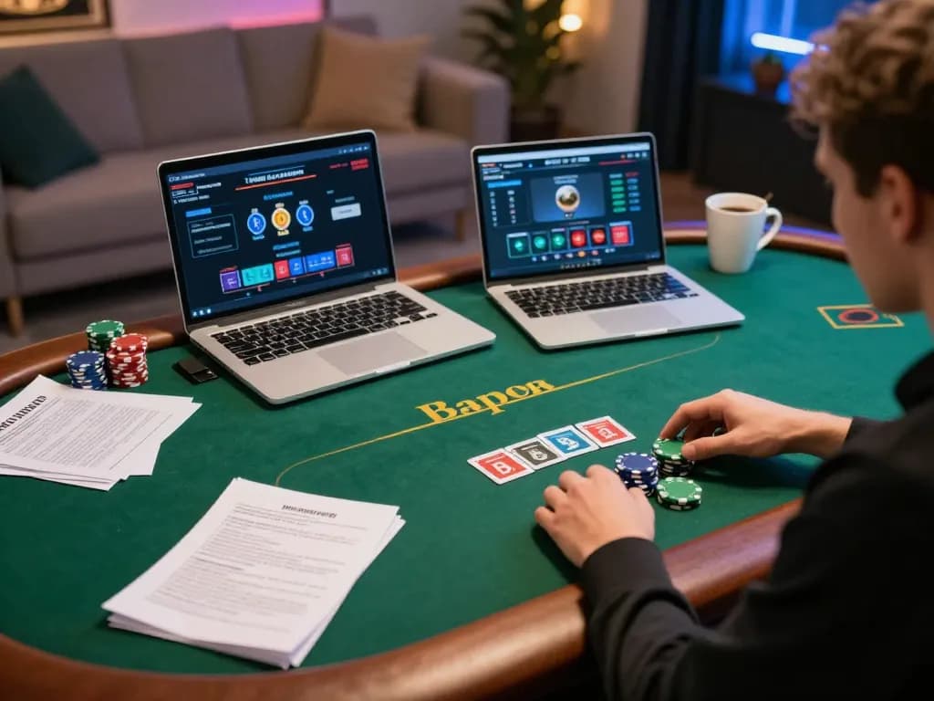 Engaging with poker on https://dn88s.net/ showing a player strategizing in a cozy home setup.