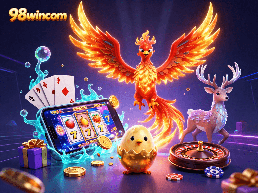 98wincom showcases epic slot gaming elements with vibrant phoenix and mystical stag in vivid 3D art.