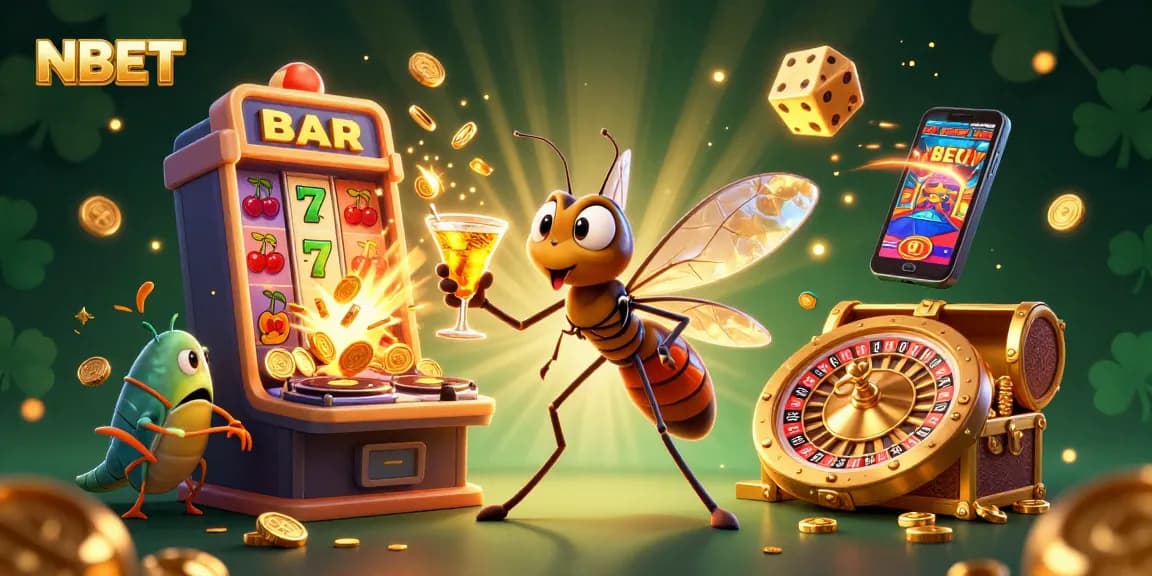 NBET casino scene featuring a unique frozen mosquito mascot, engaging gaming elements, and vibrant energy.