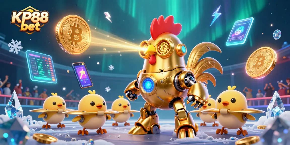 Engage with KP88 bet in an exciting cockfighting arena surrounded by digital crypto elements.