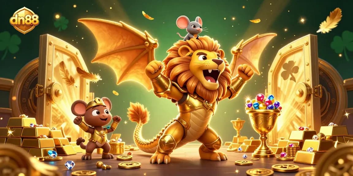Experience thrilling gameplay at dn88 with a dynamic scene featuring a chimera in golden armor and treasures.
