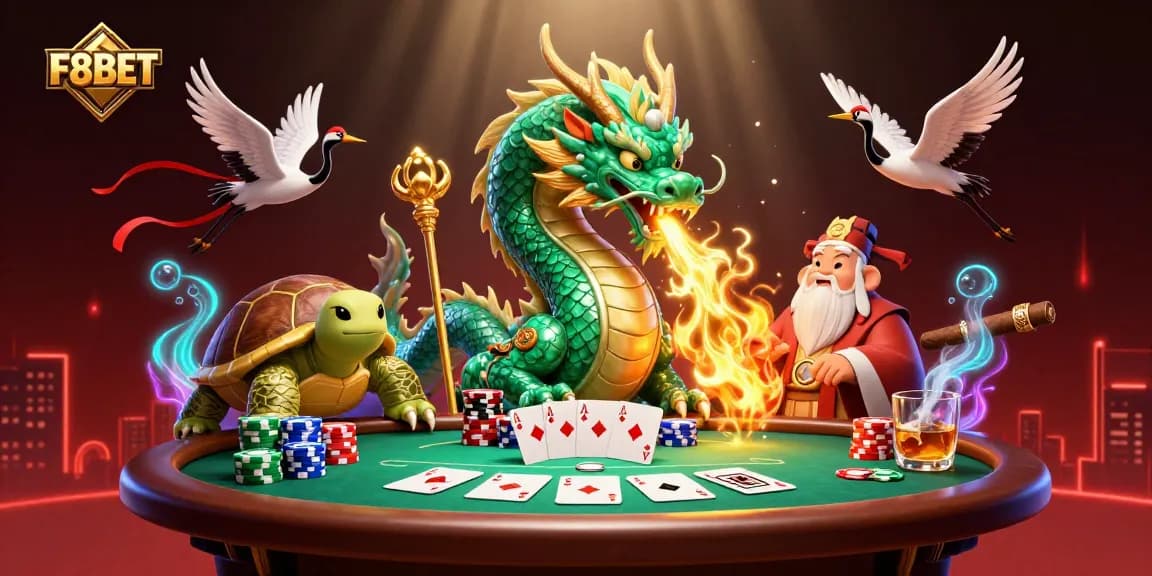Engage with F8BET at a vibrant 3D casino scene featuring a dragon, turtle sage, and lucky cranes.