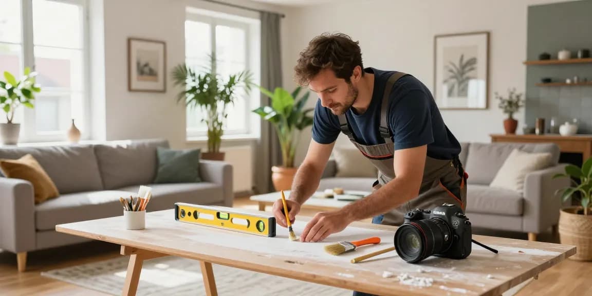 Innenausbau Augsburg: Fachmann bei der Renovierung eines eleganten Wohnzimmers mit modernen Möbeln und natürlichem Licht.