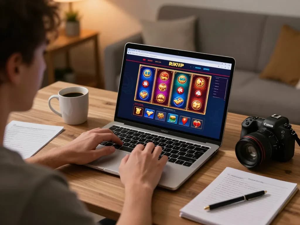 Engaging online gaming scene with RIKVIP casino interface on laptop, showcasing vibrant slots and poker.