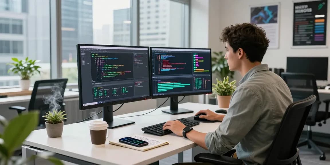 Dynamic tech workspace with developer coding DEWI111 algorithms in modern office.