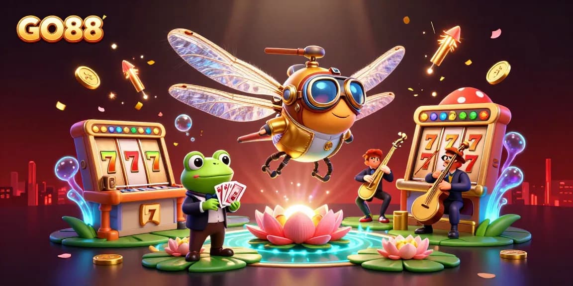 Play exciting slots at GO88 with a vibrant casino scene featuring engaging characters and dynamic elements.