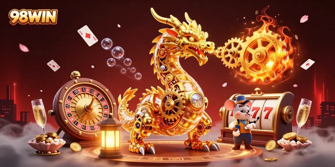 Experience 98WIN's vibrant casino adventure with a dragon, golden treasures, and playing cards.