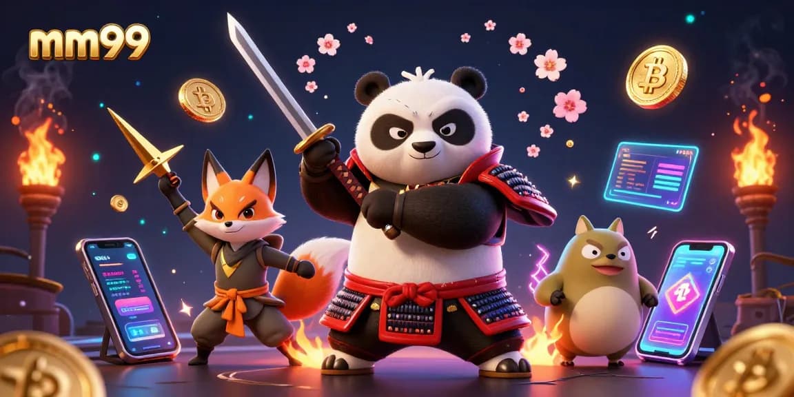 Engage with mm99's thrilling gaming experience featuring a samurai panda and ninja fox.