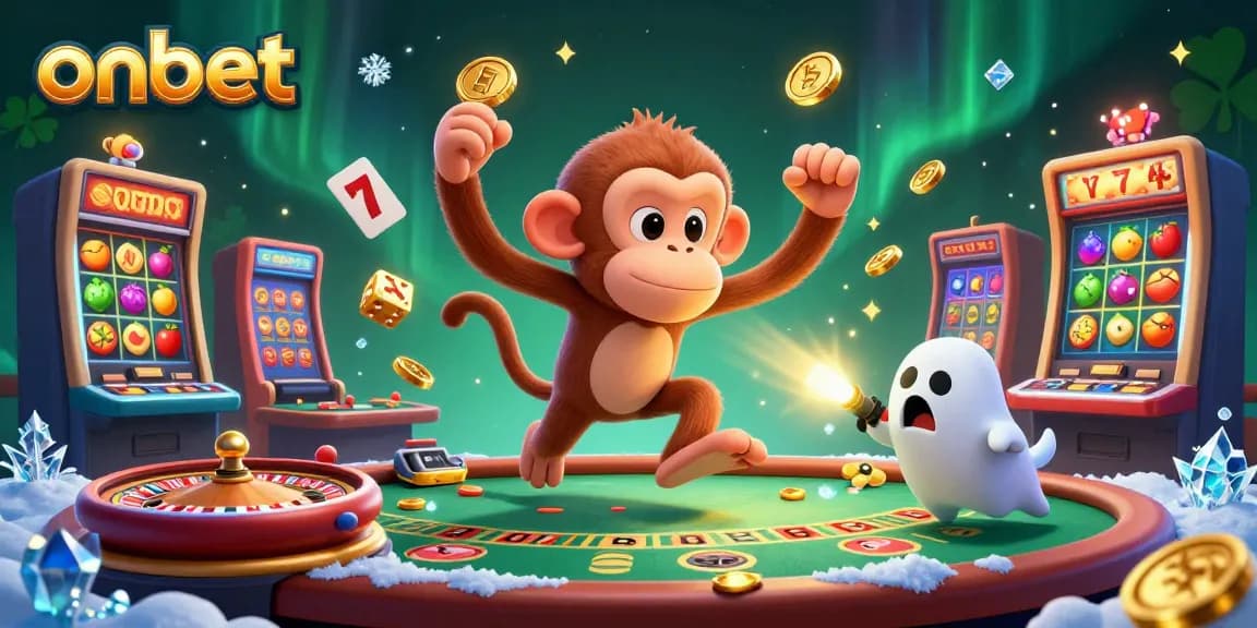 Experience the excitement of onbet with a ghostly monkey juggling casino treasures in a dynamic scene.