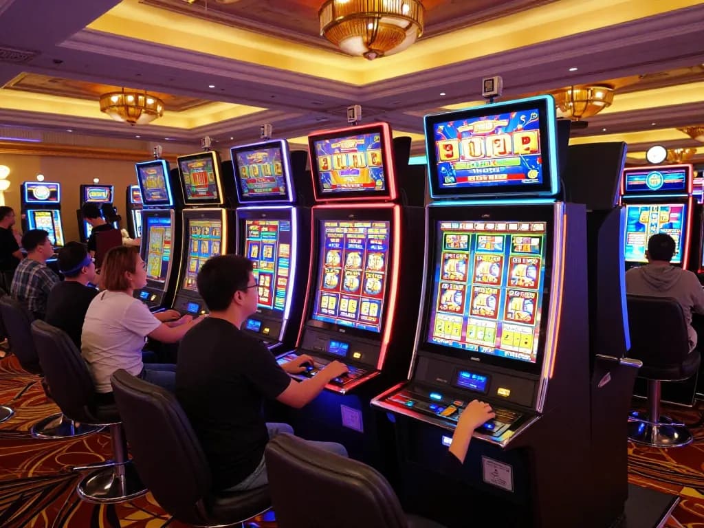 Engaging scene of players trying their luck for a slot bonus at colorful casino slot machines