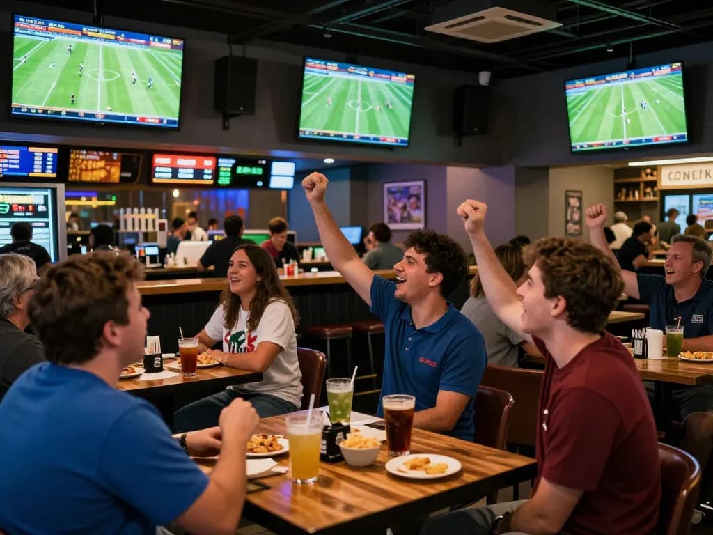 KQBD sports fans intensely watching live matches at a vibrant sports bar, celebrating winning bets.