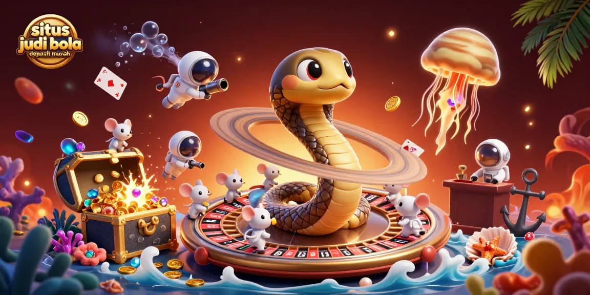Place bets at situs judi bola deposit murah with cosmic characters and casino elements in a vibrant 3D scene.