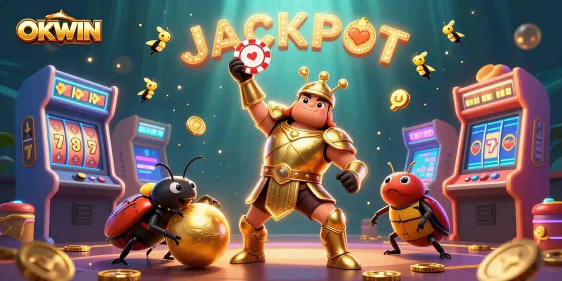 Experience the excitement of OKWIN with a vibrant scene of victory and jackpot celebration in gaming.