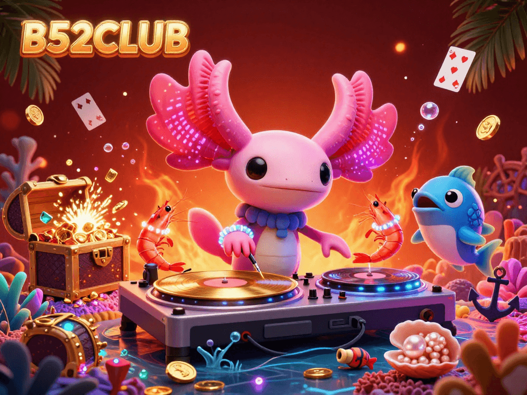 Engage in vibrant gaming at B52CLUB with neon axolotl DJ, gold treasures, and lively sea characters.