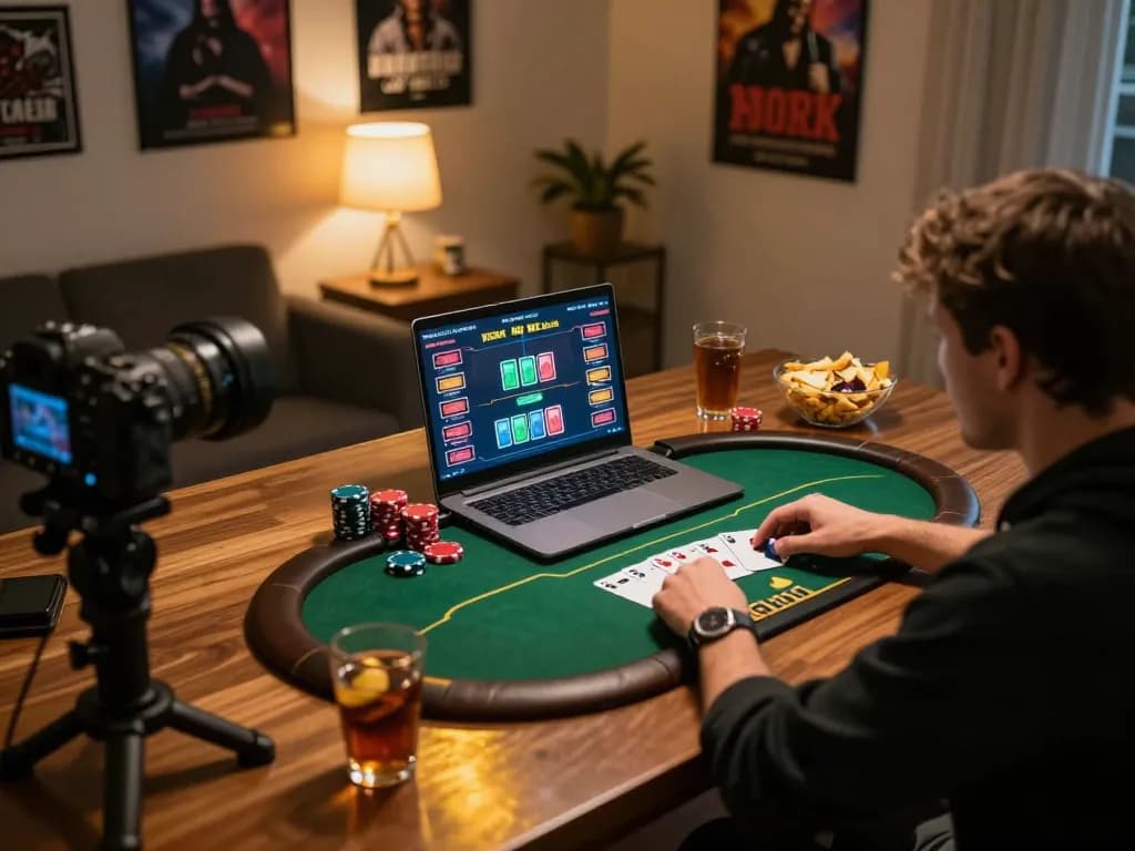 Engaging in a go88 online poker game while managing strategic bets in a cozy home office