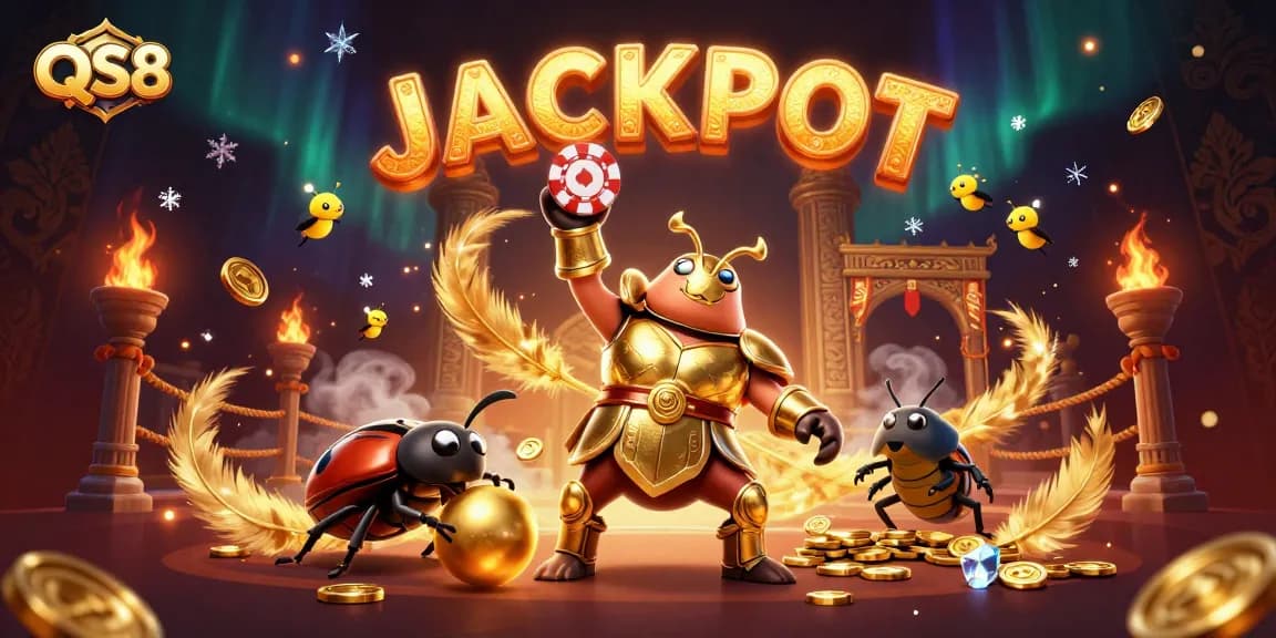 Experience excitement at QS88 with a 3D scene of a heroic beetle lifting a poker chip, spelling jackpot!