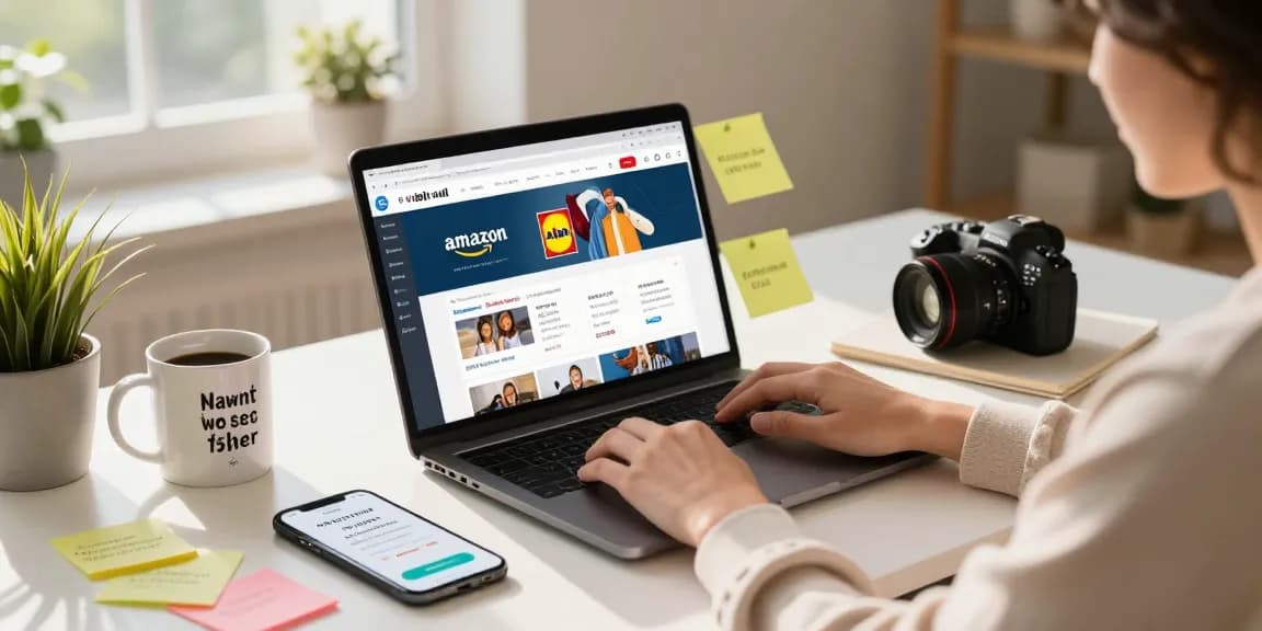 Person using Dealblob to find genuine online deals in a cozy home office.