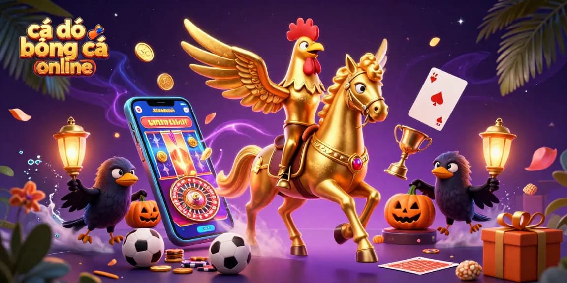 Cá độ bóng đá online scene with a golden rooster, spectral horse, and vibrant casino elements.
