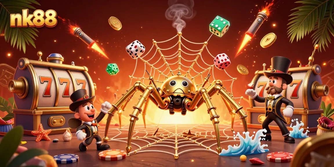 Engage with nk88's golden web of luck, featuring dynamic game elements like slot reels and poker chips.