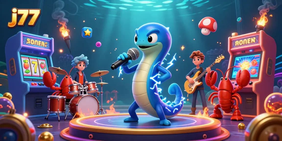 j77 entertains players with a dynamic underwater casino scene featuring playful characters and gaming elements.