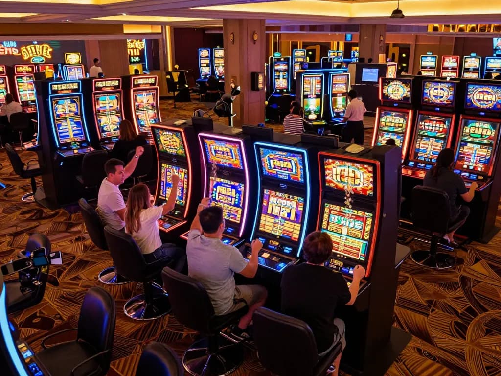 Players enjoying vibrant slot machines at the sun win casino, capturing excitement in a lively atmosphere.