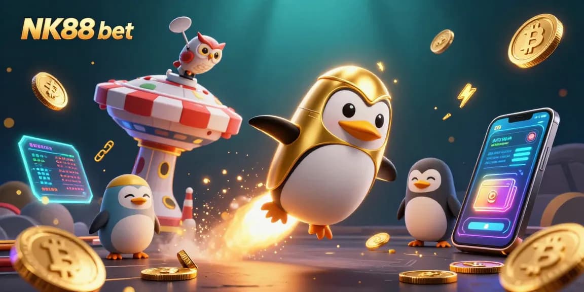 Engage with exciting NK88 bet in a vibrant 3D casino universe featuring golden penguins and crypto elements.