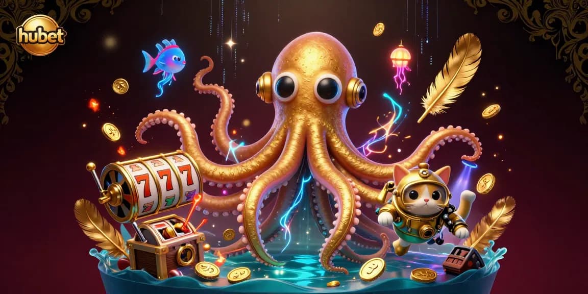 Engage with hubet's vibrant themed gaming world featuring a kraken and diving cat.