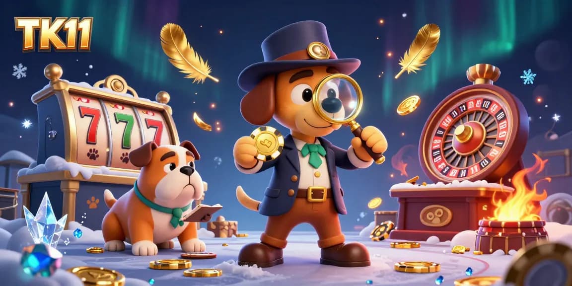 TK11 features a cartoon detective with a golden poker chip clue amid intense gambling action.