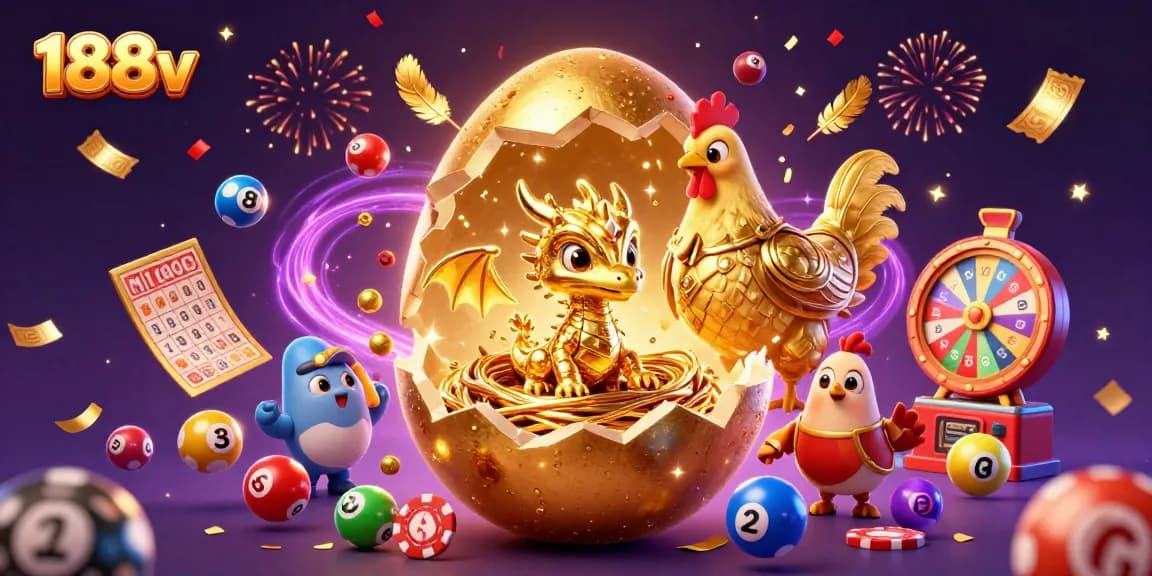 Engage with the excitement of 188v in a vibrant casino scene featuring a crystallized baby dragon and colorful game elements.