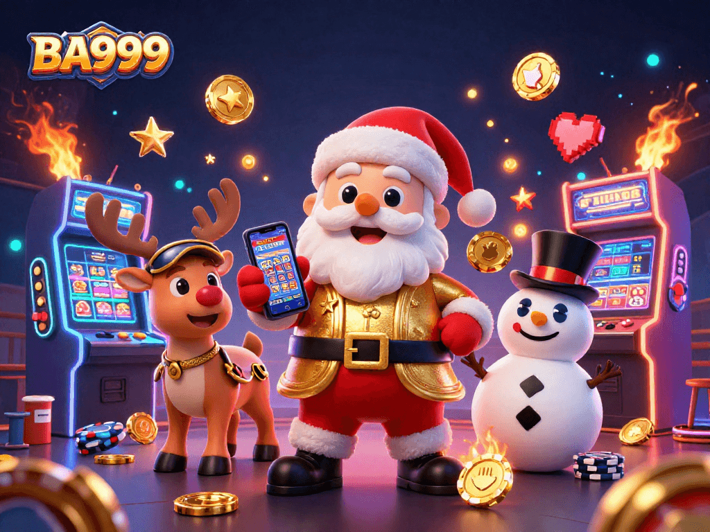Engage with BA999 in a vibrant 3D casino scene featuring slot machines, Santa, and festive companions.