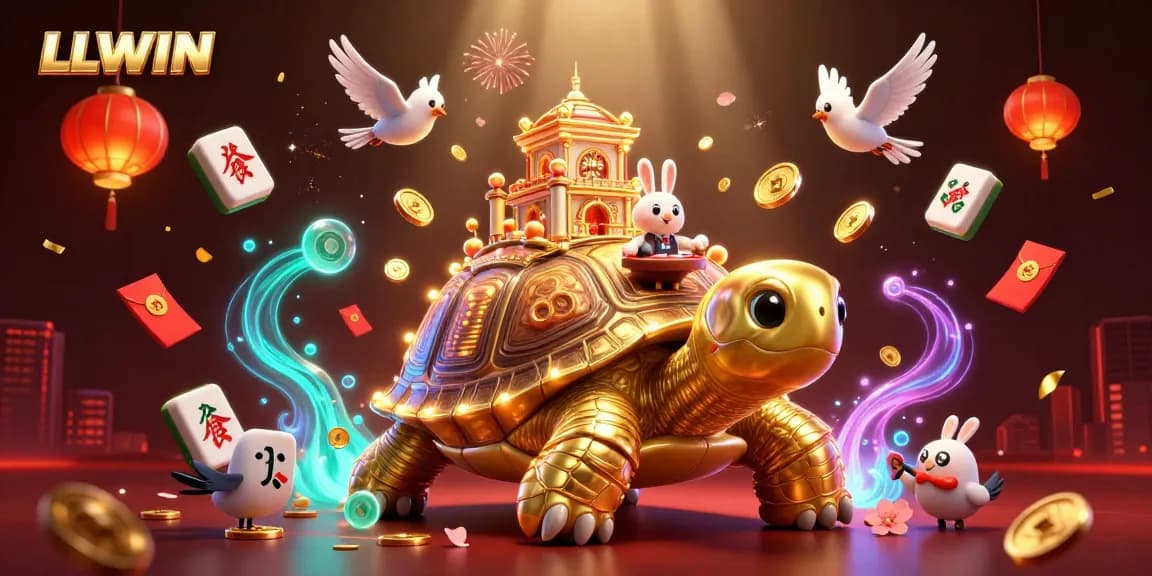 Experience the vibrant casino atmosphere at LLWIN with a golden tortoise and rabbit dealer amidst floating game elements.