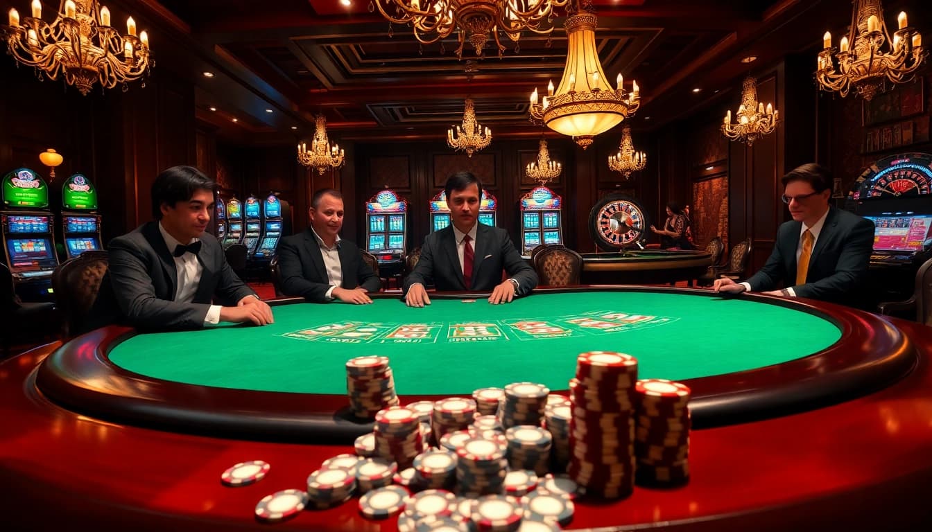 Players strategizing in an upscale casino poker game at https://s801.online/ with vibrant decor and luxury.