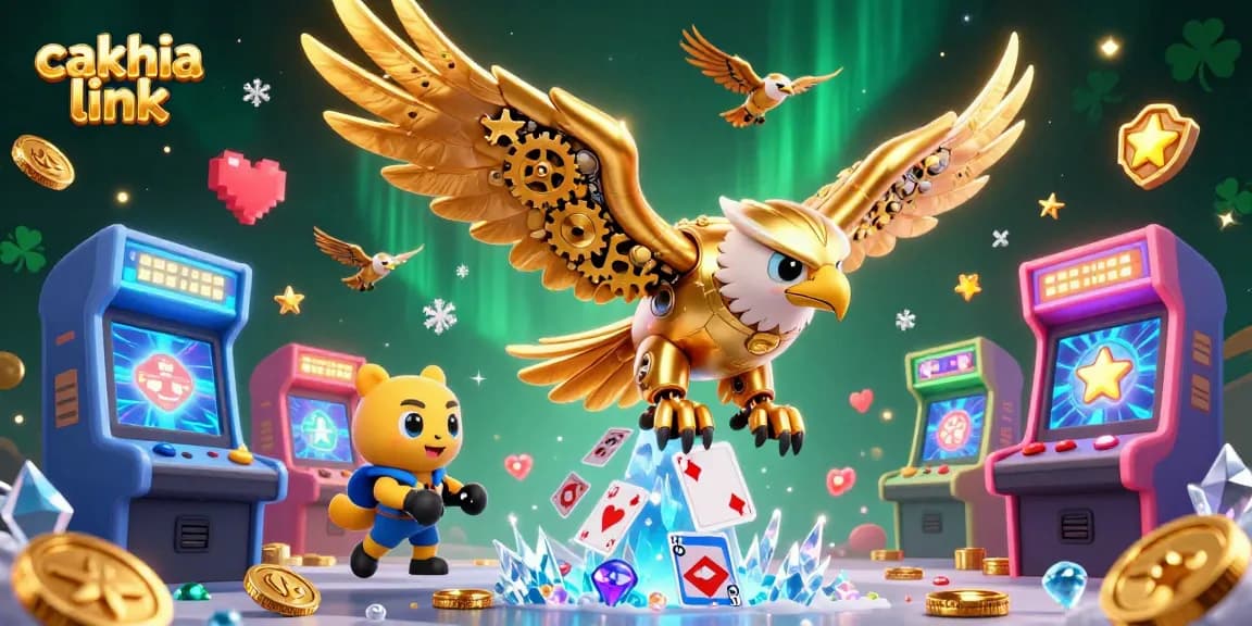 Experience seamless gameplay with cakhia link showcasing a vibrant 3D illustration of a cybernetic eagle and arcade elements.