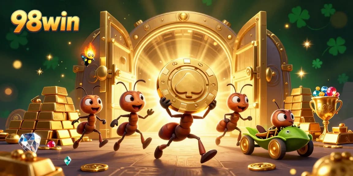 Experience thrilling adventures at 98win while capturing massive poker chip heists with playful ants in a vibrant 3D animation.