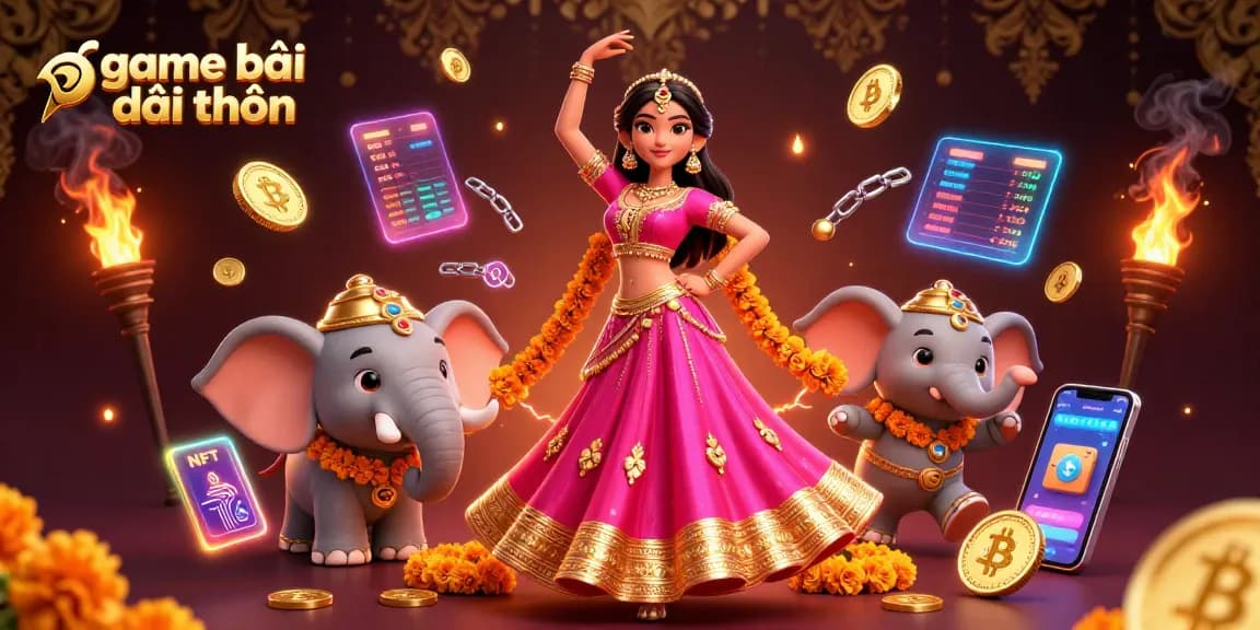 Experience the thrill of game bài đổi thưởng in a vibrant online casino scene filled with glimmering coins and characters.
