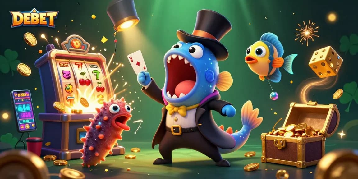 Experience high-stakes fun with DEBET in this vibrant casino-themed illustration featuring dynamic gaming elements.