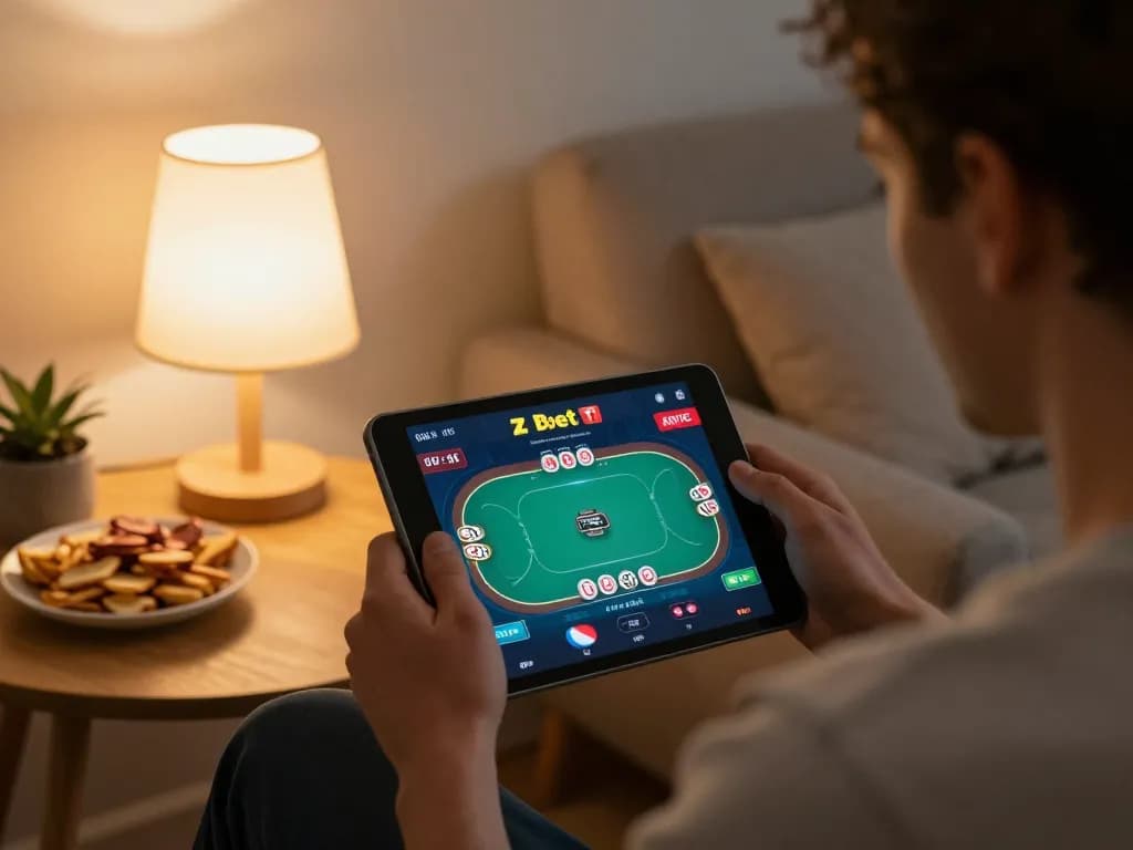 Player engaging with Zbet app on tablet showcasing poker gameplay, warm home setting.