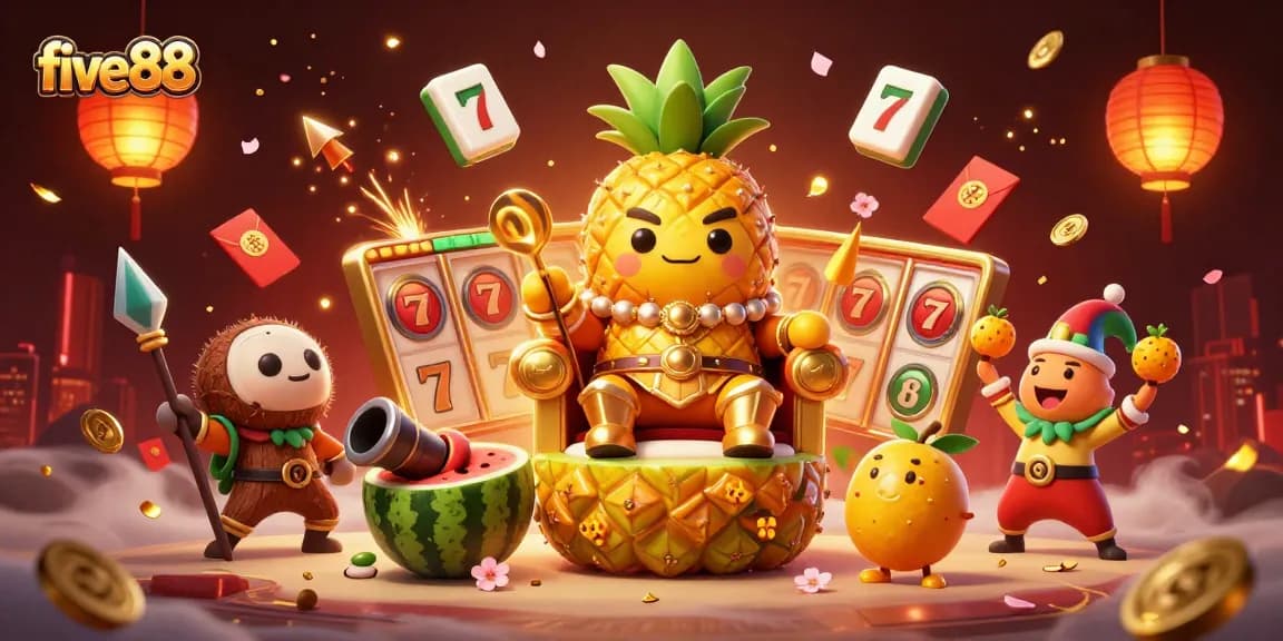 Experience the thrill of five88 with a vibrant 3D casino scene featuring playful characters and gaming elements.