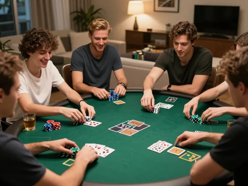 Engaging poker night at home showing friends playing GO8, enjoying chips and cards.