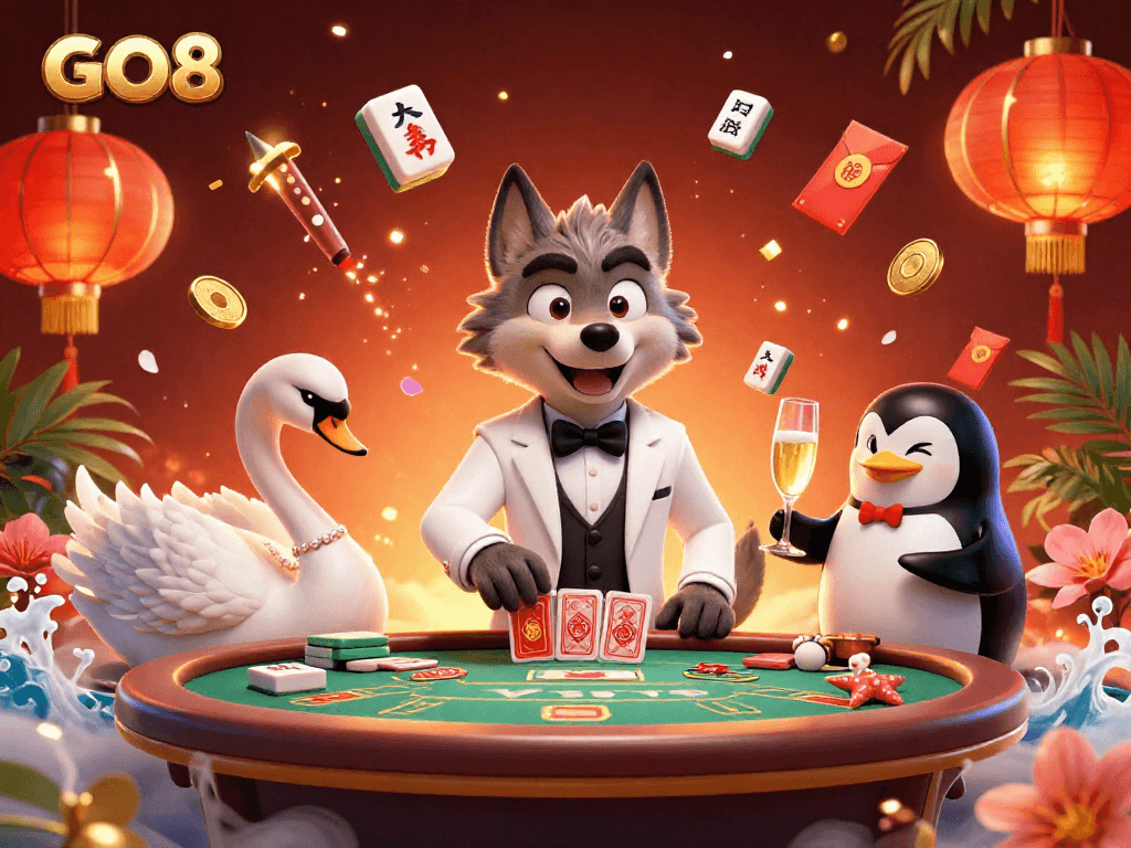 Experience the excitement of GO8 with characters at the baccarat table, showcasing vibrant casino elements.