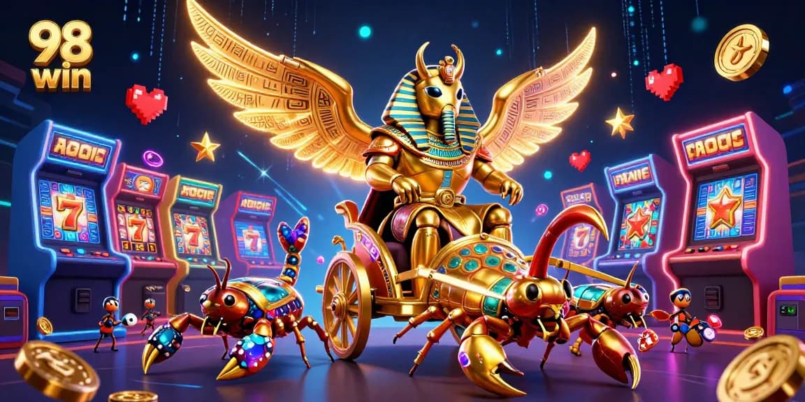 Experience the thrilling world of 98 win with a vibrant casino-themed 3D illustration showcasing dynamic gaming elements.