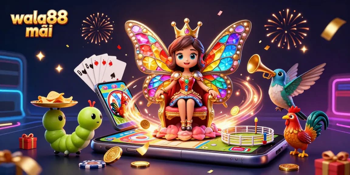 Experience high-stakes action with Wala88 mới as the butterfly queen reigns over a vibrant cockfighting scene.